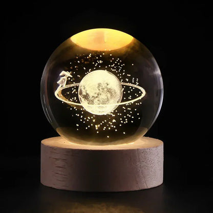 3D Engraved Crystal Planet Sphere Night Light on Wood Base USB Powered Desk Lamp Warm White LED Glow for Bedroom Living Room Nursery Space