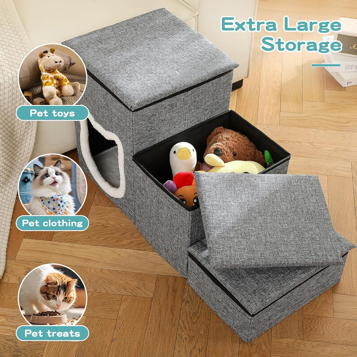 Pet Haven | Escaliers antidérapants pour chiens en 3 étapes avec rangement | Accès facile pour petits chiens et chats