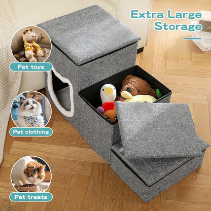Pet Haven | Escaliers antidérapants pour chiens en 3 étapes avec rangement | Accès facile pour petits chiens et chats