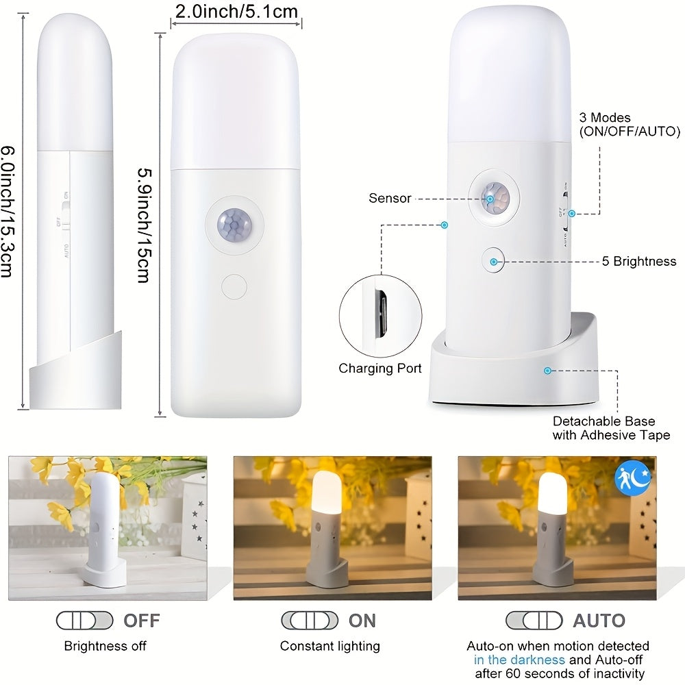 Motion-Activated Rechargeable LED Nightlight 6 in White Cordless Dimmable Sensor Light for Hallways Bedrooms Stairs Kids Rooms Closets Batte