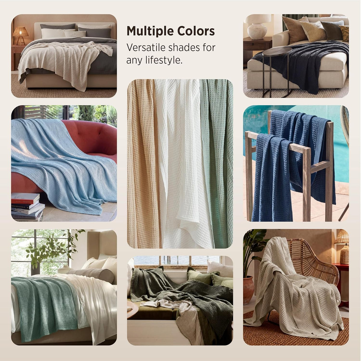 100% Cotton Waffle Weave Throw Blanket Queen King Breathable Lightweight Bed Cover for All Seasons Couch Sofa Bedroom Layering Textured