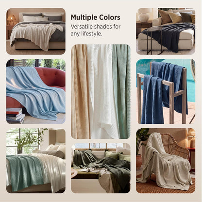 100% Cotton Waffle Weave Throw Blanket Queen King Breathable Lightweight Bed Cover for All Seasons Couch Sofa Bedroom Layering Textured