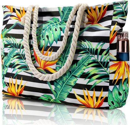 Oversized Zippered Tote with Sand-Resistant Lining for Pool Days & Travel | Water-Resistant Canvas Carryall