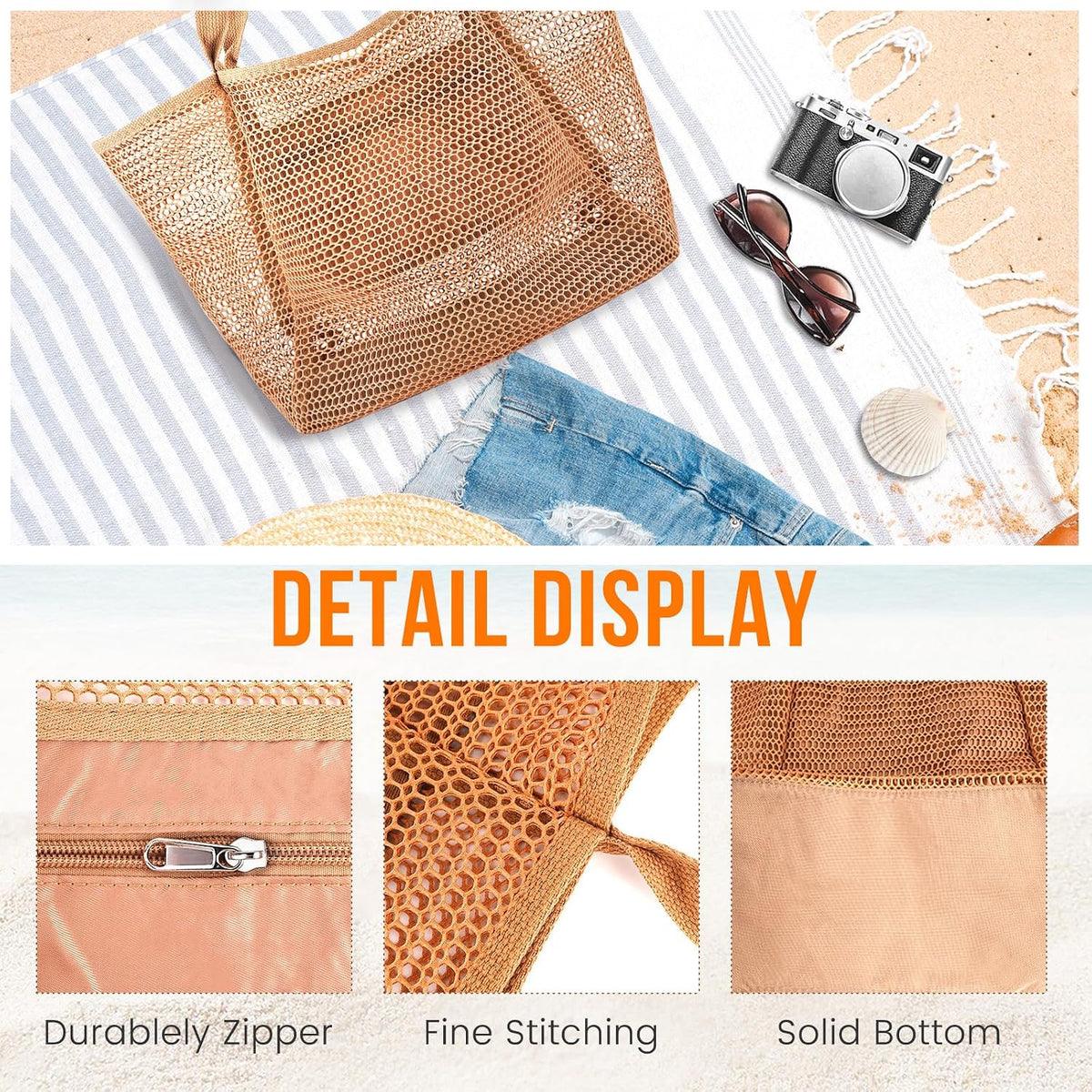 Ambiance estivale | Sac de plage en maille avec grande poche intérieure | Design anti-sable pour un voyage en toute simplicité