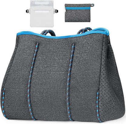 Neoprene Beach Bag with Inner Zipper Pocket, Large Beach Tote Bag with Purse, Machine Washable Travel Tote Bag