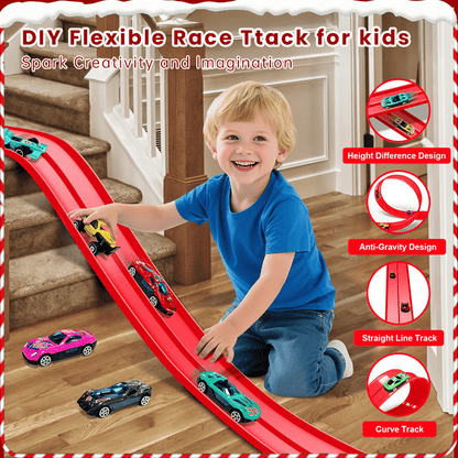 Flexible Race Track Set for Kids – Build Loops, Jumps & Custom Layouts with Suction Cups & 4 Die-Cast Cars for Creative Indoor Racing Fun