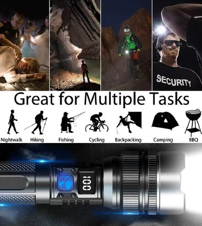 Lampe torche LED rechargeable USB avec zoom réglable pour le camping, les urgences et l'utilisation en extérieur