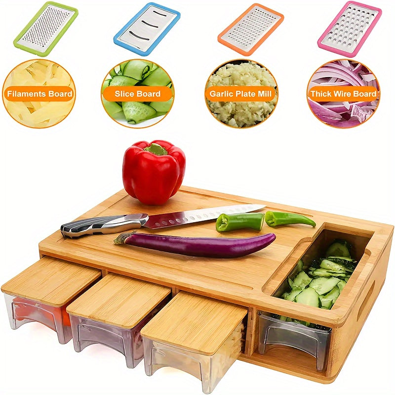 Bamboo Chopping Board with Slide-Out Prep Trays & 4-Piece Grater Set – All-in-One Food Prep Station for Home Kitchens