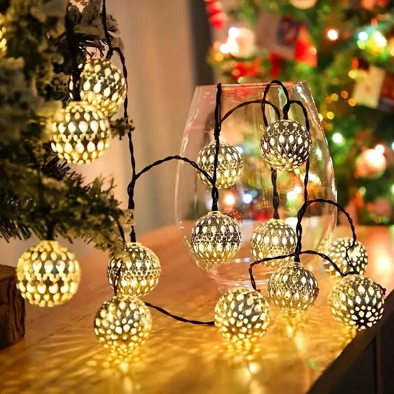 Moroccan Metal Globe String Lights Solar Powered Outdoor Patio Decor 20-30 Warm White LED Orbs Bohemian Weatherproof Garden Balcony
