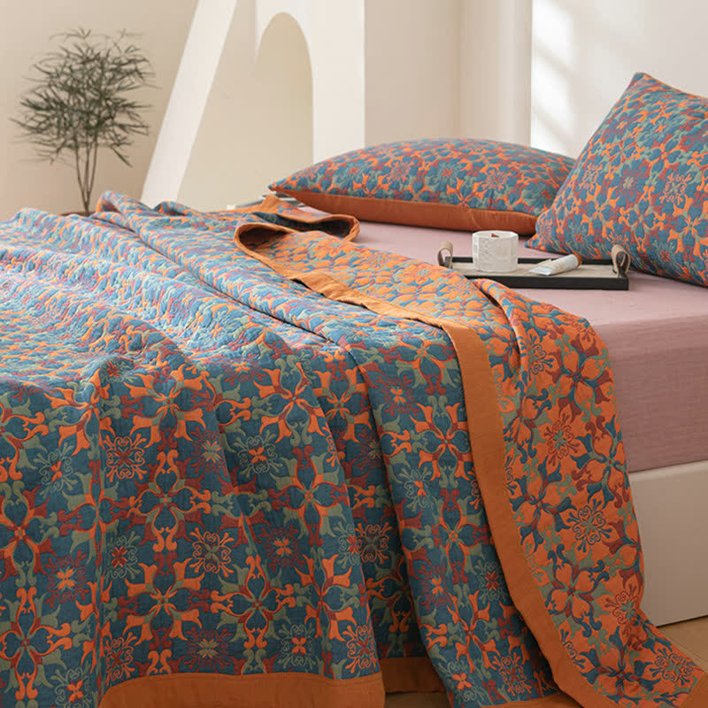 Six-Layer Cotton Quilt Reversible Lightweight Blanket Orange Blue Geometric Pattern for Year-Round Comfort Bedroom Guest Room