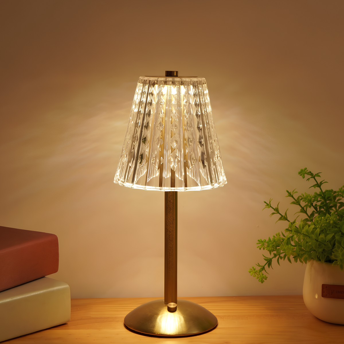 Cordless Crystal Table Lamp with Touch Dimming Control – Rechargeable LED Bedside Light with Gold Aluminum Base for Bedroom, Living Room &