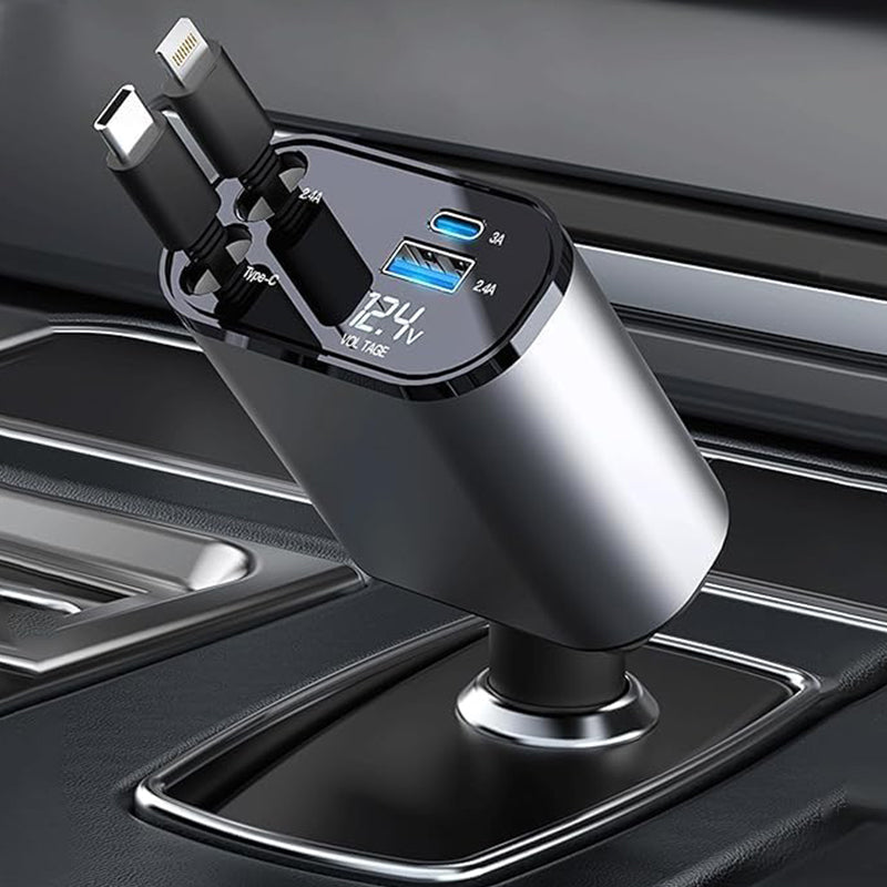 Retractable Car Charger with Dual Ports – Fast Charging Cable for iPhone & Android – 31 in Auto-Rewind USB Adapter
