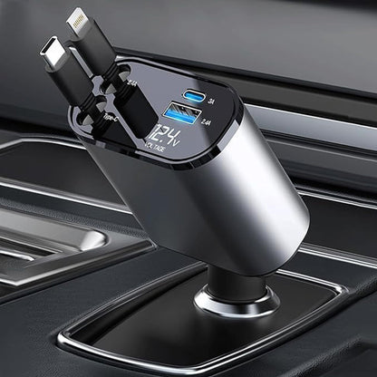 Retractable Car Charger with Dual Ports – Fast Charging Cable for iPhone & Android – 31 in Auto-Rewind USB Adapter