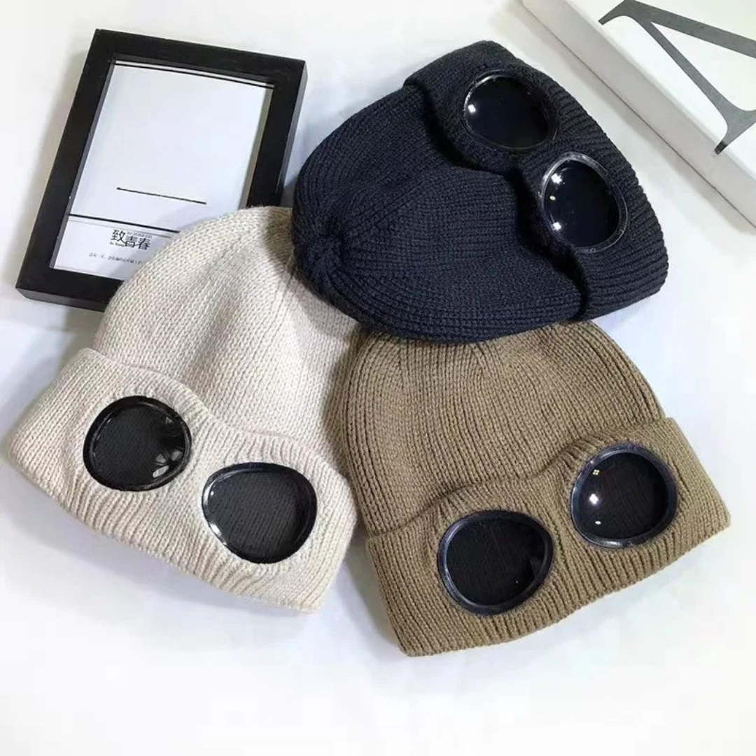 Knit Beanie with Flip-Down Goggles – Windproof Winter Hat for Outdoor Activities