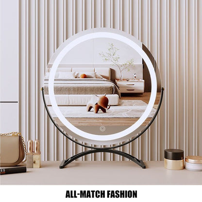 Rechargeable Lighted Vanity Mirror 16 Inch Round Tabletop Mirror with Adjustable LED Brightness Dimmable 360 Rotation for Makeup Skincare Be