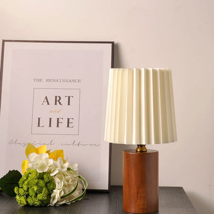 Nightstand Lamp with Pleated Shade Wood Base 12 in Tall USB or E26 Socket Soft Ambient Light for Bedroom Office Reading Scandinavian Modern