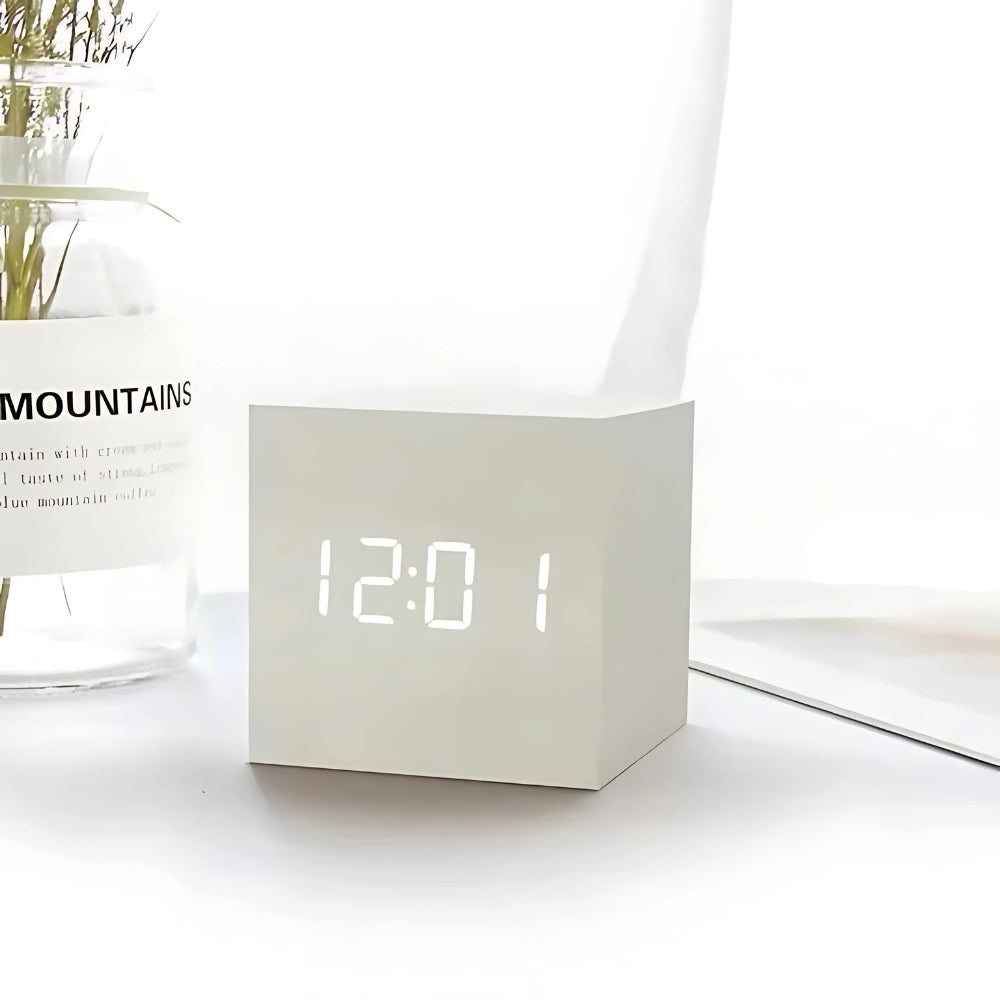 Wooden LED Cube Alarm Clock with Temperature Display and USB Power for Bedroom Nightstand Desk Office