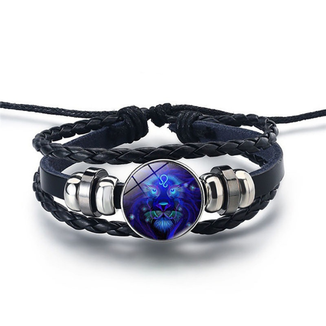 Adjustable Leather Zodiac Bracelet with Blue Stone Charm for Men & Women | Classic Wrist Cuff with Astrology Symbol | Handcrafted Steel &