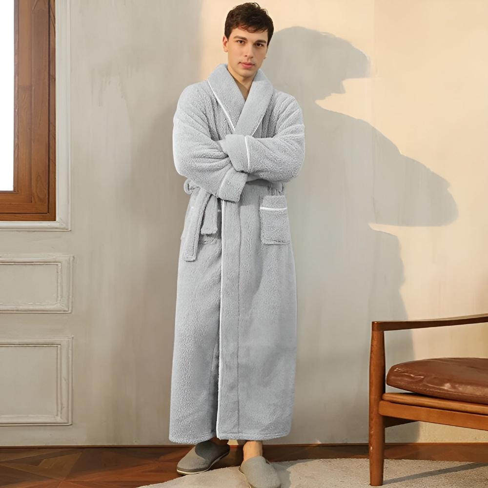 Plush Coral Fleece Bathrobe with Shawl Collar & Pockets – Unisex Lounge Robe for Year-Round Wear