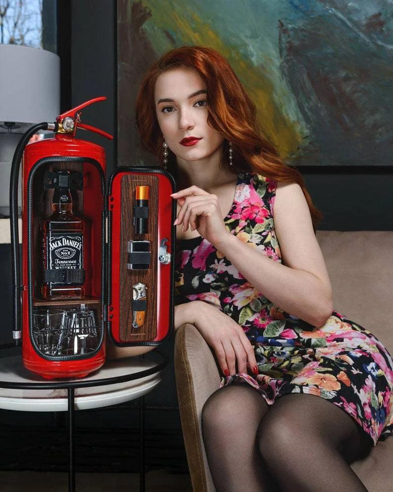 Disguised Fire Extinguisher Liquor Cabinet for Man Cave & Home Bar | Hidden Bottle Storage Container with Accessories