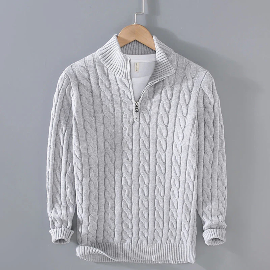 Cable-Knit Quarter-Zip Sweater for Men – 100% Cotton Stand-Collar Pullover for Fall & Winter