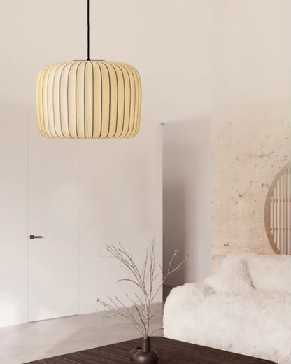 Fabric Drum Shade Hanging Light 22-Inch Neutral Tone for Dining Room Kitchen Island Modern Japandi Style E27 Socket
