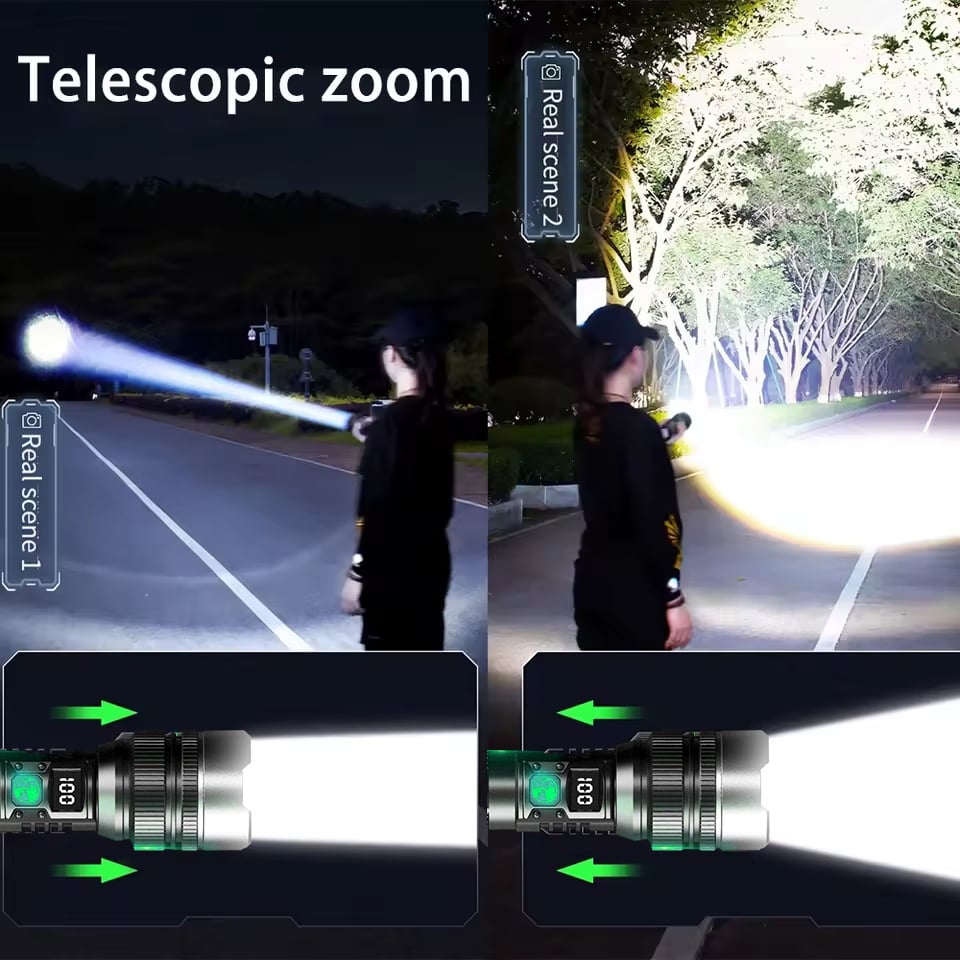 Lampe torche LED rechargeable USB avec zoom réglable pour le camping, les urgences et l'utilisation en extérieur