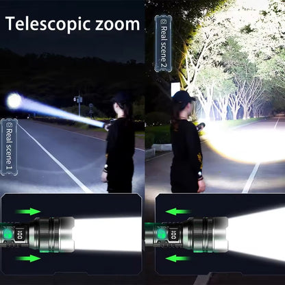 Lampe torche LED rechargeable USB avec zoom réglable pour le camping, les urgences et l'utilisation en extérieur