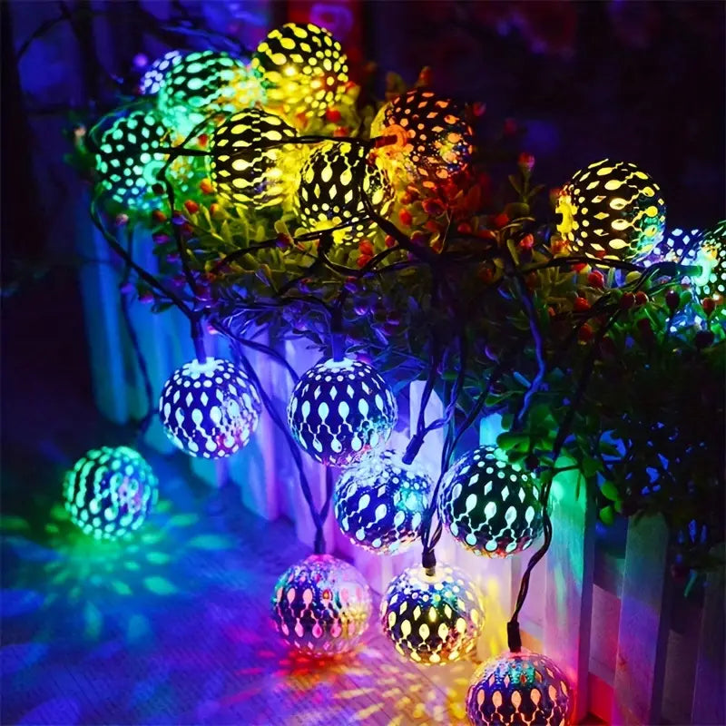 Moroccan Metal Globe String Lights Solar Powered Outdoor Patio Decor 20-30 Warm White LED Orbs Bohemian Weatherproof Garden Balcony