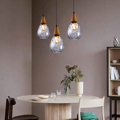 Glass & Wood Drop Ceiling Fixture with Adjustable Cord for Kitchen Island, Dining Room & Living Area | Hardwired E26 Socket | Indoor Overhea