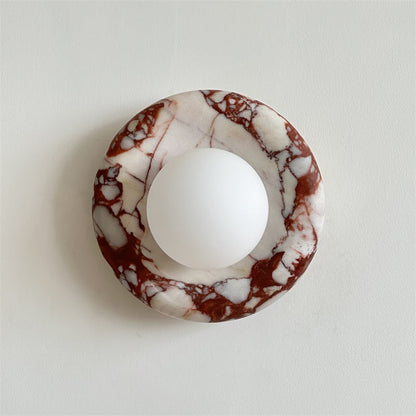 Round Glass Wall Sconce with Curved Marble Backplate for Living Room, Bedroom & Hallway – Hardwired Modern Indoor Light Fixture