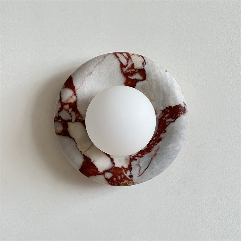 Round Glass Wall Sconce with Curved Marble Backplate for Living Room, Bedroom & Hallway – Hardwired Modern Indoor Light Fixture