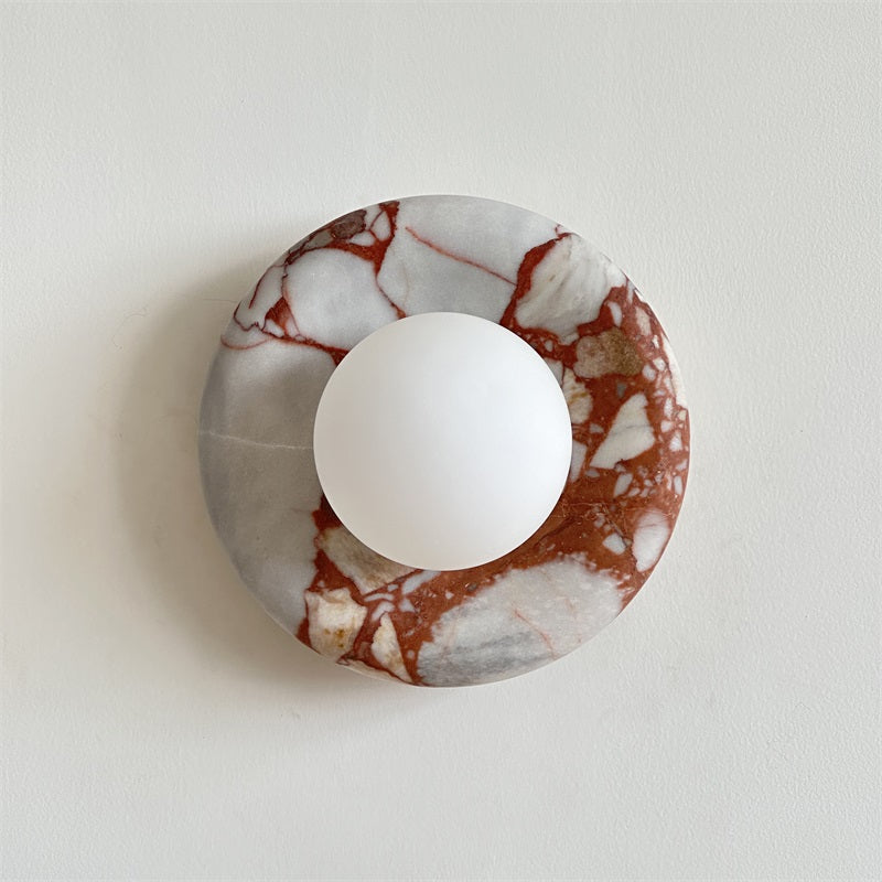 Round Glass Wall Sconce with Curved Marble Backplate for Living Room, Bedroom & Hallway – Hardwired Modern Indoor Light Fixture