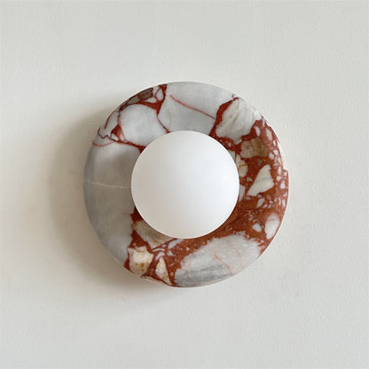 Round Glass Wall Sconce with Curved Marble Backplate for Living Room, Bedroom & Hallway – Hardwired Modern Indoor Light Fixture
