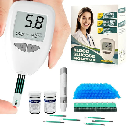 Kit de lecteur de glycémie avec 50 bandelettes de test et lancettes | Kit de test de glycémie, appareil précis et portable pour un test à domicile facile, kit de test du taux de sucre dans le sang