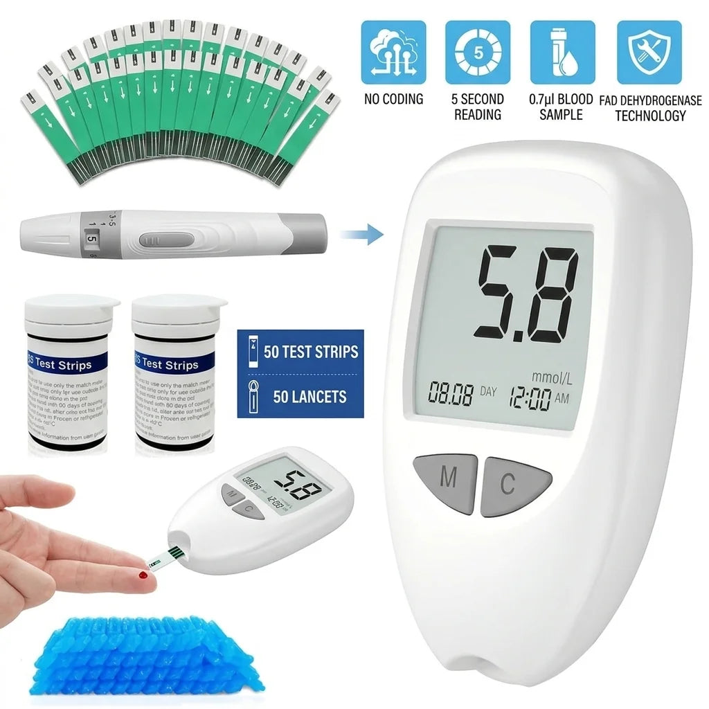 Kit de lecteur de glycémie avec 50 bandelettes de test et lancettes | Kit de test de glycémie, appareil précis et portable pour un test à domicile facile, kit de test du taux de sucre dans le sang