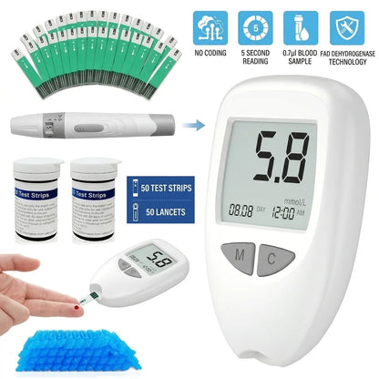 Kit de lecteur de glycémie avec 50 bandelettes de test et lancettes | Kit de test de glycémie, appareil précis et portable pour un test à domicile facile, kit de test du taux de sucre dans le sang