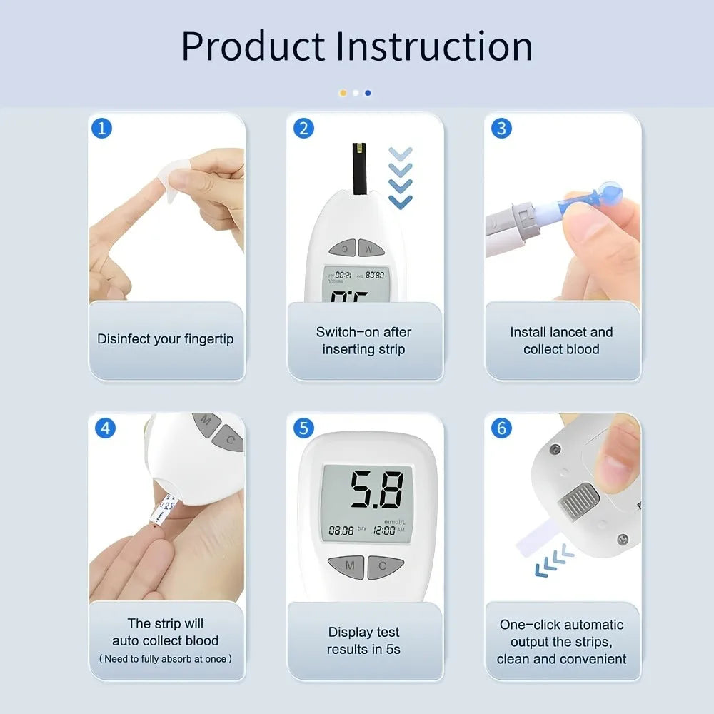 Kit de lecteur de glycémie avec 50 bandelettes de test et lancettes | Kit de test de glycémie, appareil précis et portable pour un test à domicile facile, kit de test du taux de sucre dans le sang