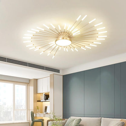 Semi-Flush Mount LED Light Fixture Aluminum 32 in Radial Design Black Gold for Living Room Bedroom Dining Room Contemporary Home Decor