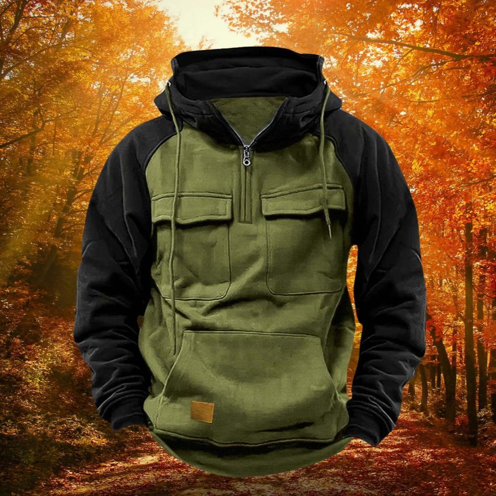 Quarter Zip Pullover Hoodie Men's Lightweight Cotton Blend Kangaroo Pocket Adjustable Hood Casual Outdoor Layering Piece