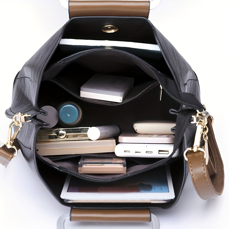 Genuine Leather Shoulder Bag Crossbody Purse Two-Tone Organizer for Women Work Travel Daily Use
