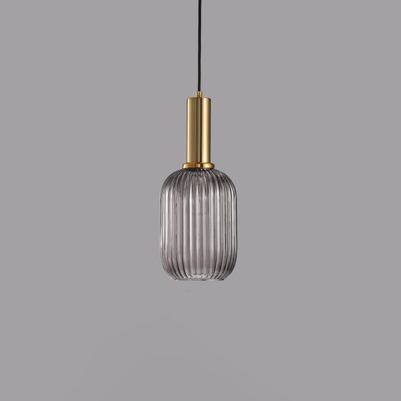 Ribbed Glass Cylinder Hanging Fixture Single-Bulb Suspension Lamp for Kitchen Island Dining Room Entryway