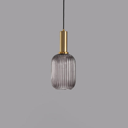 Ribbed Glass Cylinder Hanging Fixture Single-Bulb Suspension Lamp for Kitchen Island Dining Room Entryway