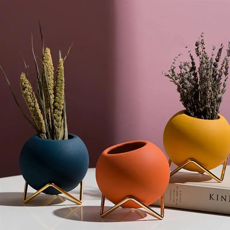 Tabletop Ceramic Planter on Steel Stand – 4 Inch Round Pot for Succulents & Small Plants – Desktop & Shelf Decor for Home Office, Bedroom, K