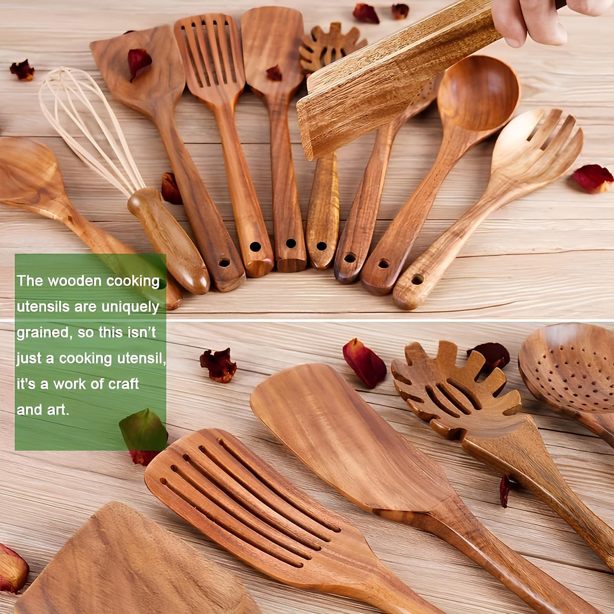 Set d'ustensiles de cuisine en bois 11 pièces avec support de rangement, spatules, cuillères et louches en teck, accessoires de cuisine pour ustensiles antiadhésifs et rangement sur comptoir