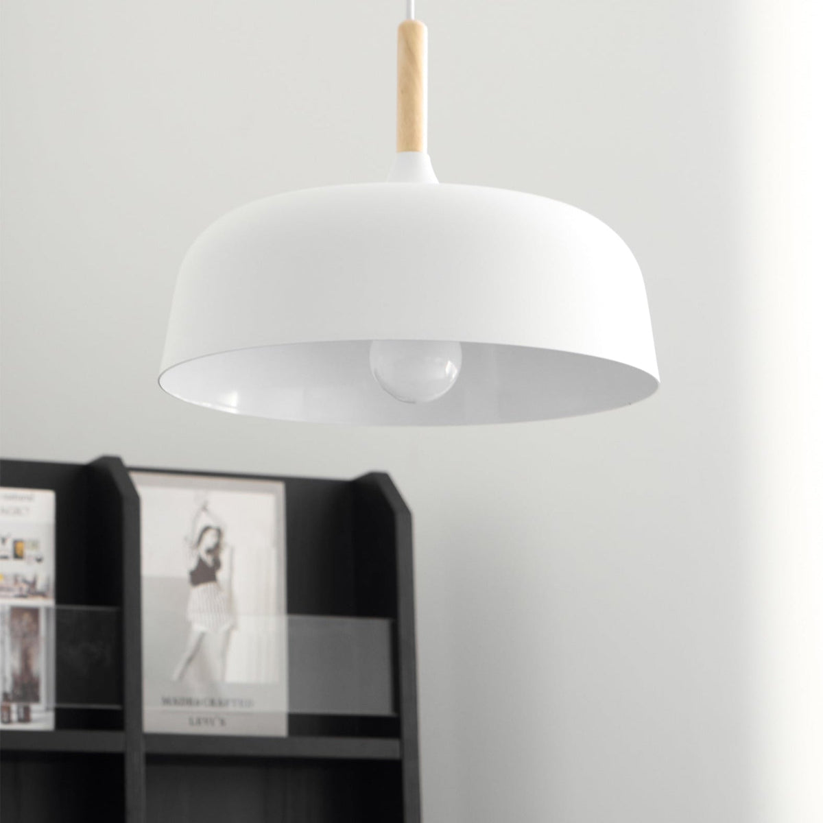Hanging Ceiling Lamp Adjustable Wood Metal Dome Shade 12.6 Inch for Kitchen Island Dining Room Table Modern Minimalist Scandinavian Style