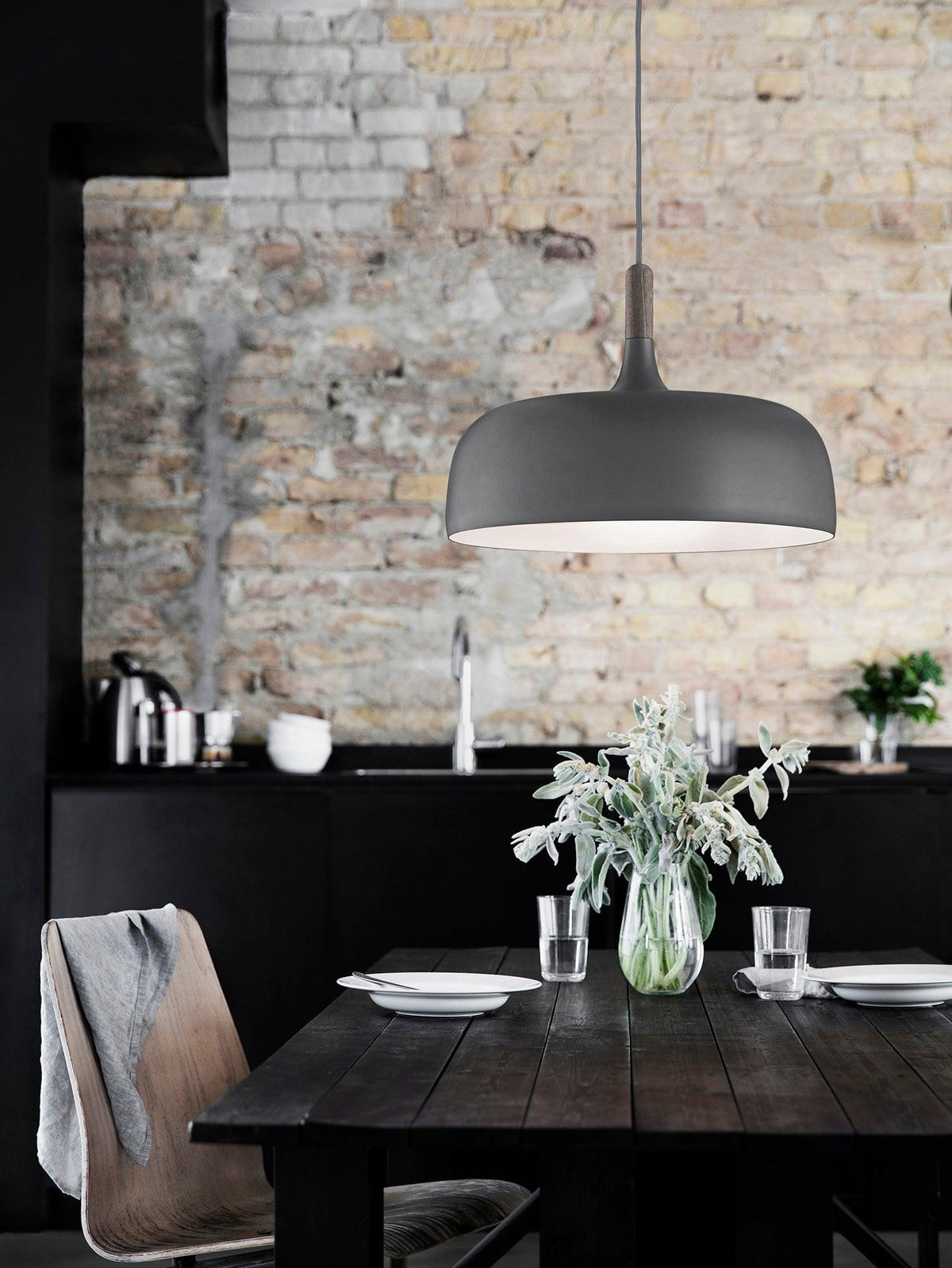 Hanging Ceiling Light Fixture with Wood Trim & Metal Shade for Kitchen Island, Dining Table, Breakfast Bar — Dimmable Compatible, Adjustable