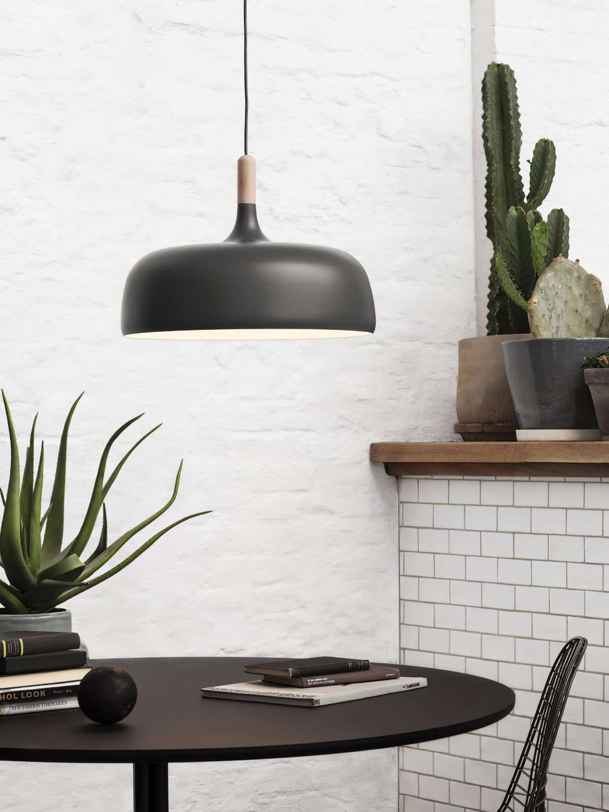 Hanging Ceiling Light Fixture with Wood Trim & Metal Shade for Kitchen Island, Dining Table, Breakfast Bar — Dimmable Compatible, Adjustable