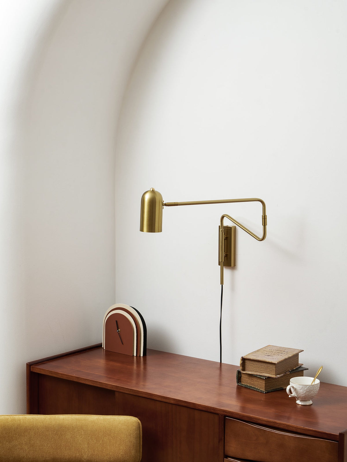 Swing-Arm Reading Sconce with Rotating Shade Metal Plug-In Fixture Black & Gold Finish for Bedroom Living Room Study Nook Task Lighting