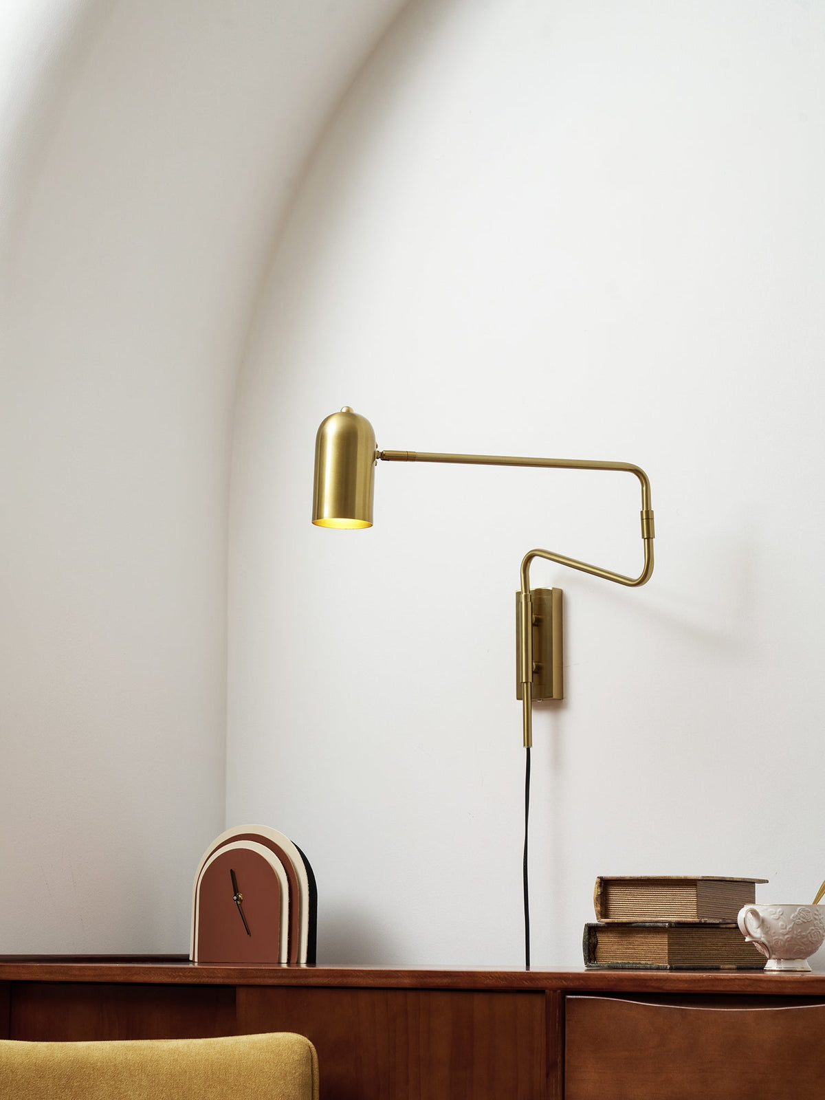Swing-Arm Reading Sconce with Rotating Shade Metal Plug-In Fixture Black & Gold Finish for Bedroom Living Room Study Nook Task Lighting